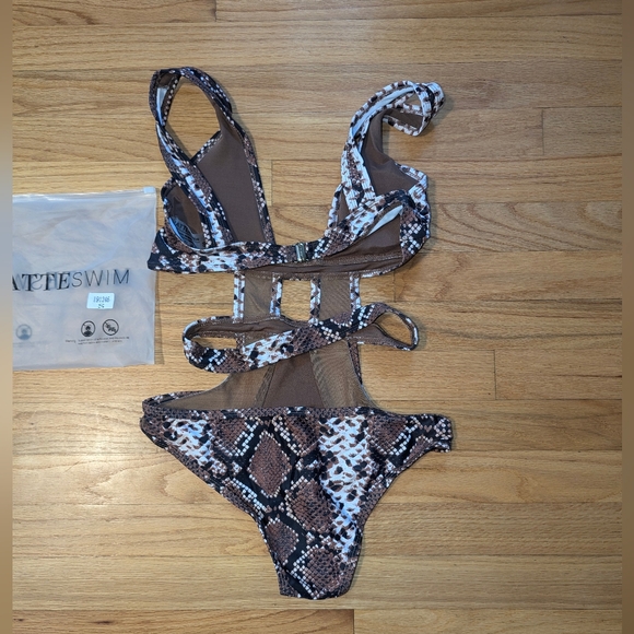 Brown Mesh Snakeskin Swimsuit One Piece Matte Swim Collection SMALL - Picture 8 of 8